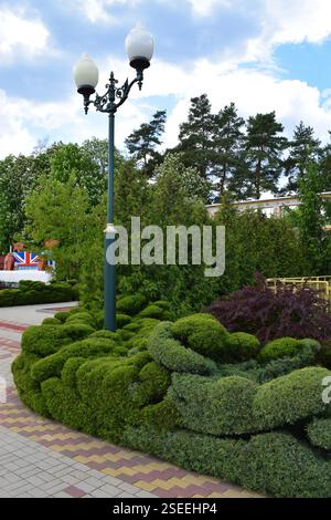 Kharkov, Ukraine, 14 mai 2024. Jardin paysager avec verdure soigneusement taillée et arbustes décoratifs le long d'un chemin pavé. Une s de style vintage Banque D'Images