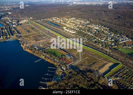 Vue aérienne, chantier de construction du quartier résidentiel prévu de Duisburg à l'ancien triage de Wedau, Sechs-Seen-Platte, Wedau, Duisbur Banque D'Images