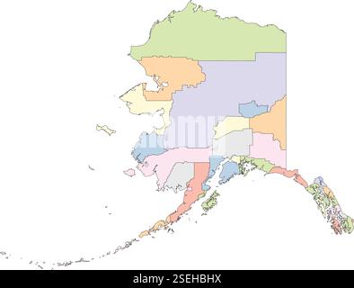 Fichier vectoriel modifiable des comtés qui composent l'état de l'Alaska, situé aux États-Unis. Illustration de Vecteur