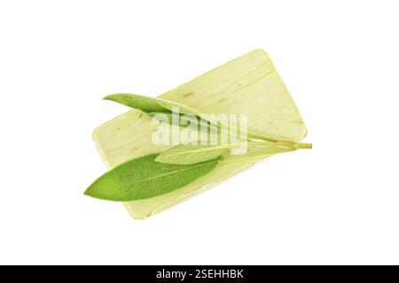 Savon vert avec tige de sauge isolée sur fond blanc de ci-dessus Banque D'Images