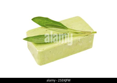 Savon vert avec tige de sauge fraîche isolée sur fond blanc Banque D'Images