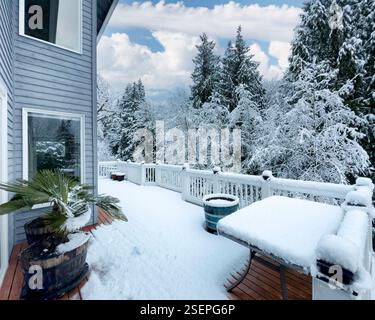 Mi-hiver neige lourde tombée sur le pont de la maison pendant après la tempête avec des arbres et le ciel en arrière-plan Banque D'Images