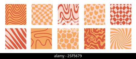 Ensemble d'arrière-plan groovy. Lignes, vagues, grille trippy, imprimé tourbillon esthétique hippie des années 1970. Arrière-plan tordu. Style rétro psychédélique Illustration de Vecteur