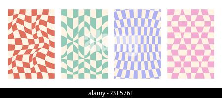 Ensemble de fond à carreaux déformé groovy. Fond groovy dessiné à la main, hippie. Damier déformé, stries déformées, lignes ondulées liquides fluides, gribouillage Illustration de Vecteur