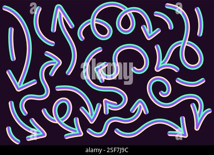 design vectoriel au néon vibrant avec des flèches dans diverses formes et directions définies. les flèches ont un effet dégradé brillant, combinant des teintes claires de bleu, w Illustration de Vecteur