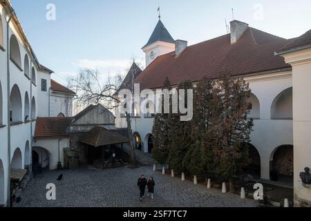Mukachevo, Ukraine. 04th Feb, 2025. Vue intérieure d'une cour du château de Palanok datant du XVe siècle. Loin des lignes de front, Moukachevo en Transcarpathie ressent un monde distinct de l'est de l'Ukraine déchiré par la guerre, avec une culture unique façonnée par des liens historiques avec la Hongrie et la Slovaquie. Crédit : SOPA images Limited/Alamy Live News Banque D'Images