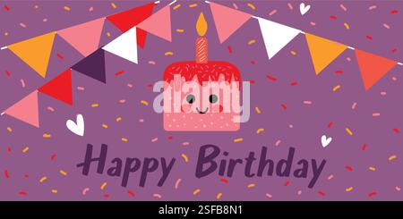 Carte d'anniversaire colorée avec gâteau, décorations et éléments festifs Illustration de Vecteur