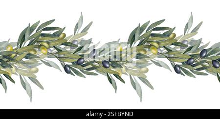 Illustration à l'aquarelle dessinée à la main de branches d'oliviers avec des olives vertes et noires. Composition botanique naturelle avec des feuilles et des fruits. Parfait pour Banque D'Images