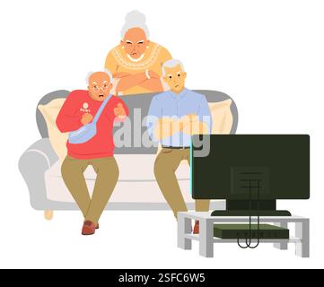 Trois personnes âgées sont assises sur un canapé, intensément concentrées sur un programme de télévision Illustration de Vecteur