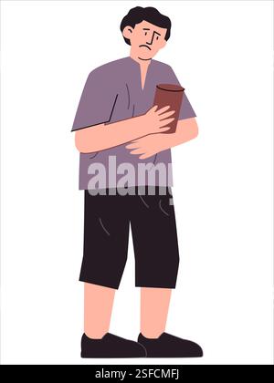 Pauvre homme caractère triste malheureux expression faciale condition de pauvreté porter vide peut mendier mendiant homme sans abri homme chômage icône Illustration de Vecteur