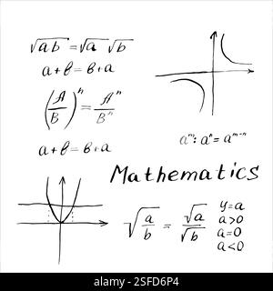 Formules mathématiques et graphiques. Illustrations vectorielles à l'encre noire dessinées à la main. Équations mathématiques écrites sur un tableau noir et blanc Illustration de Vecteur