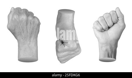 Main féminine âgée avec la peau ridée serrée dans un poing, symbolisant la résistance, la protestation et la force. Geste de manifestation, de grève et de déte Banque D'Images