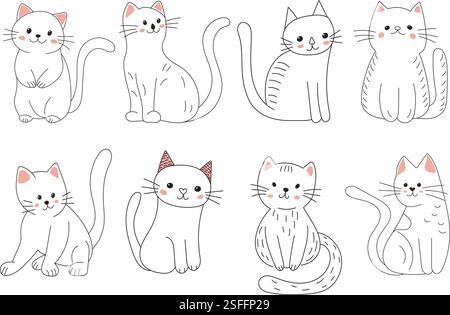 ensemble de croquis de chats mignons, vecteur isolé de doodle Illustration de Vecteur