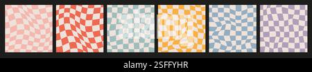 Arrière-plan à carreaux groovy. Collection de modèles Retro Twisted Square. Grille Trippy Waves. Tendance hippie esthétique psychédélique style des années 1970 Illustration de Vecteur
