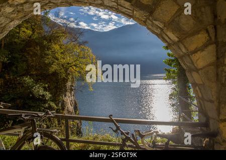 Vue imprenable sur le lac de Lugano depuis Olive Trail dans la banlieue de Lugano. Journée ensoleillée en inter ou springtme Banque D'Images