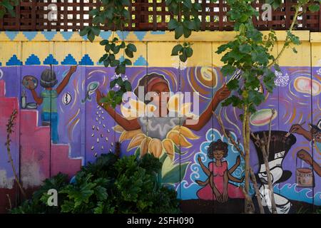Murale colorée sur une clôture en bois dans le Mission District, San Francisco. L'art représente des figures, des tournesols et des commentaires sociaux. Banque D'Images