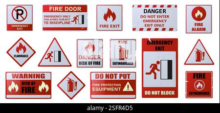 Autocollant de sécurité incendie. Panneaux d'avertissement d'évacuation d'urgence, avis d'équipement de premiers soins, point de rassemblement incendie, icônes d'alarme d'extincteur. Autocollant de sécurité Vector Illustration de Vecteur