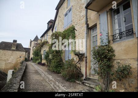 Explorer le chemin étroit bordé de maisons en pierre pittoresques ornées de verdure dans le village de Beynac-et-Cazenac. Banque D'Images