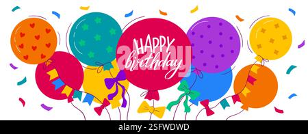 Bannière de fête d'anniversaire. Affiche de bande dessinée avec des ballons colorés, gâteau avec des bougies et des boîtes-cadeaux, conception de carte pour enfants joyeux anniversaire. Joyeux anniversaire célébrité Illustration de Vecteur