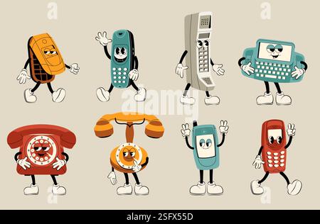 Caractères rétro du téléphone. Dispositifs téléphoniques vintage de dessin animé avec des visages, de vieux téléphones commutés et des gadgets sans fil rétro avec des expressions drôles. Vecteur iso Illustration de Vecteur
