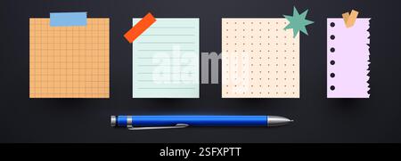 Notes en papier, autocollants, feuilles adhésives et ruban adhésif. Blocs-notes et feuilles de papier déchirées avec stylo métallique. Illustration vectorielle Illustration de Vecteur