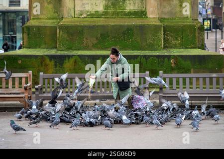 Une femme nourrissant des pigeons sur George Square, Glasgow, Écosse, Royaume-Uni, Europe Banque D'Images
