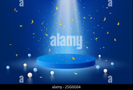 Fond bleu. podium 3d, promotion de vente de produits avec confettis en studio et projecteur, 2 deux affichages de luxe, sol de stand. Vitrine vide pour la présentation. Espace minimal réaliste. Modèle vectoriel Illustration de Vecteur