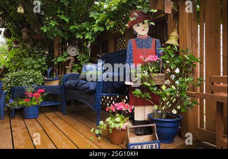 Vitis - vigne sur treillis en bois brun et Syringa - arbre lilas suspendu patio terrasse de pergola avec banc en osier bleu entre les conteneurs avec Pelargo rouge Banque D'Images