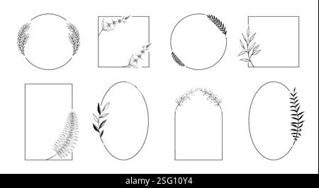 Cadre botanique vintage. Lignes dessinées à la main feuilles et fleurs. Décor élégant rétro pour cartes, affiches et invitation de mariage. Bordure géométrique florale minimaliste. Ensemble d'éléments décoratifs isolés vectoriels Illustration de Vecteur