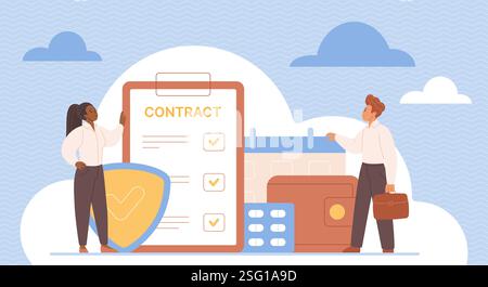 Avantages sociaux des employés, motivation à travailler dans une entreprise. Minuscules personnes et avantages du contrat d'employeur, de la protection financière et de l'assurance, du salaire et de l'illustration vectorielle de dessin animé bonus Illustration de Vecteur