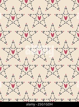Motif sans couture de grille géométrique étoiles. Fond abstrait, ligne d'encre de point de tiret, coeur aux couleurs de gris, magenta rouge. Fond blanc jaune Illustration de Vecteur