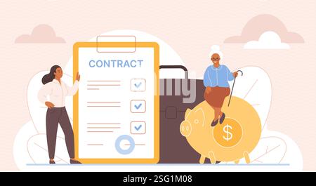 Régime d'avantages sociaux, indemnités d'invalidité et de retraite, paiement d'assurance. Travailleur de bureau et contrat avec l'avantage de l'employeur, grand-mère et illustration vectorielle d'épargne de tirelire Illustration de Vecteur