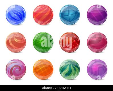 Balles de jeu en verre. Marbres colorés. Jouets vintage pour enfants. Sphères réfringentes avec motif abstrait. Formes géométriques brillantes avec rayures, vagues et bulle Illustration de Vecteur