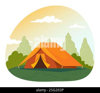 Tente en forêt. Icône colorée, étiquette ou forme de cercle d'emblème. Tourisme d'aventure et de randonnée. EQUIPEMENT de camping. Dôme extérieur. Voyage d'expédition dans les bois. Illustration isolée de style plat de dessin animé vectoriel Illustration de Vecteur