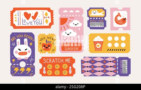 Coupon d'amour. Motif ticket mignon. Bon ou cadeau de Saint-Valentin pour un rendez-vous en couple. Modèle de carte boyfriend moderne pour cadeau tendance. Offre spéciale. Tombola de loterie. Certificats d'achat vectoriels définis Illustration de Vecteur