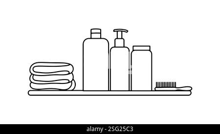 Étagère pour articles essentiels de salle de bain. Bouteilles, serviettes, brosse à cheveux. Hôtel, spa, design de salon. Dessin au trait simple, fond blanc, vue de dessus. Illustration de Vecteur