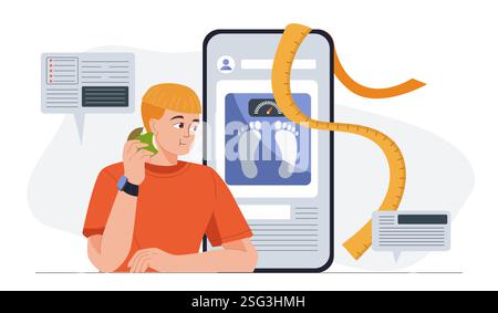 Concept nutritionniste en ligne. Homme avec pomme près du smartphone avec des poids. Une alimentation saine et une nutrition adéquate. Alimentation équilibrée avec vitamines. Jeune homme Illustration de Vecteur