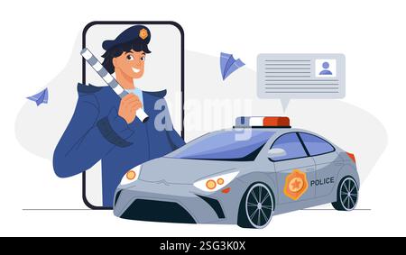 Officier de police en ligne. Femme en uniforme de police à l'écran de smartphone près de la voiture de police. Cybersécurité, sécurité Internet. Officier enquêtant en ligne Illustration de Vecteur