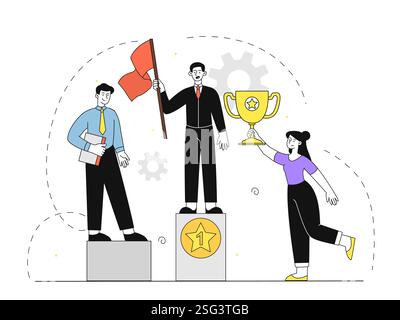 Manager à la première place. Femme donne trophée d'or à l'homme en costume. Homme d'affaires sur la plus haute marche du podium. Compétitions et tournois. Motivation et Illustration de Vecteur