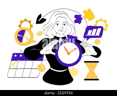 Femme de gestion du temps. Femme d'affaires avec calendrier et montre. Organisation d'un processus de travail efficace. Planification et établissement des objectifs, planification. Linéaire Illustration de Vecteur