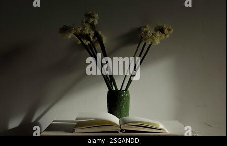 Fleurs blanches dans un vase vert sur un bureau à l'ombre du matin. Banque D'Images