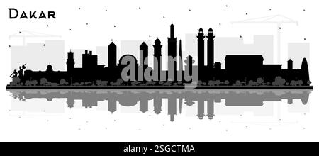 Dakar Sénégal City Skyline Silhouette avec bâtiments noirs et reflets isolés sur blanc. Illustration vectorielle. Illustration de Vecteur