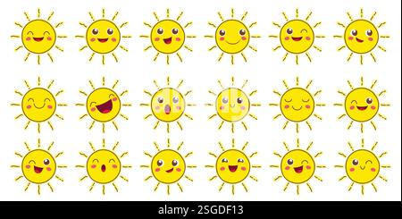 Sun Happy face contour clipart set. Sunshine emoticon personnages de dessin mignons clip art dans des éléments graphiques d'expression faciale drôles et joyeux Illustration de Vecteur