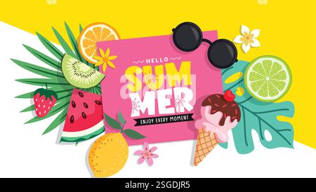 Bonjour modèle de clipart de salutation d'été. Texte de voeux d'été en clip art de tableau rose avec vecteur d'éléments de pastèque, de citron, d'orange et de crème glacée Illustration de Vecteur