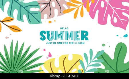 Bonjour le fond de clipart de salut d'été. Feuilles tropicales d'été dans le dessin abstrait coloré clip art pour l'illustration vectorielle de carte de vacances. Illustration de Vecteur