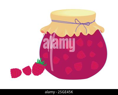 Confiture de framboises dans un pot en verre et baies fraîches. Illustration plate de dessin animé vectoriel. Icône de la nourriture sucrée maison Illustration de Vecteur