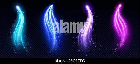 Flèches lumineuses magiques serties de particules scintillantes - lignes courbes lumineuses au néon en bleu, violet, rose sur fond sombre. Effets de faisceau mystique lumineux pour la conception d'interface de jeu fantastique. Illustration de Vecteur