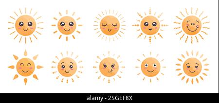 Sun Happy Characters dessin clipart set. Sun emoticon icône clip art dans la collection souriante, drôle, ludique et joyeuse d'éléments graphiques de visage mignon Illustration de Vecteur