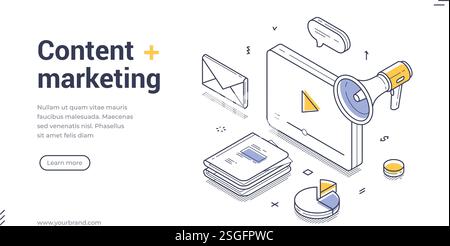 Outils de marketing de contenu numérique comme un mégaphone, des graphiques, des documents et des messages, soulignant l'importance de la communication dans les stratégies de marketing Illustration de Vecteur