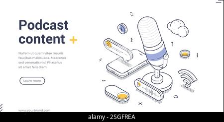 Contenu de podcast bannière web moderne de dessin au trait, modèle de page de destination. Microphone entouré d'icônes audio. Communication en ligne et créativité a Illustration de Vecteur